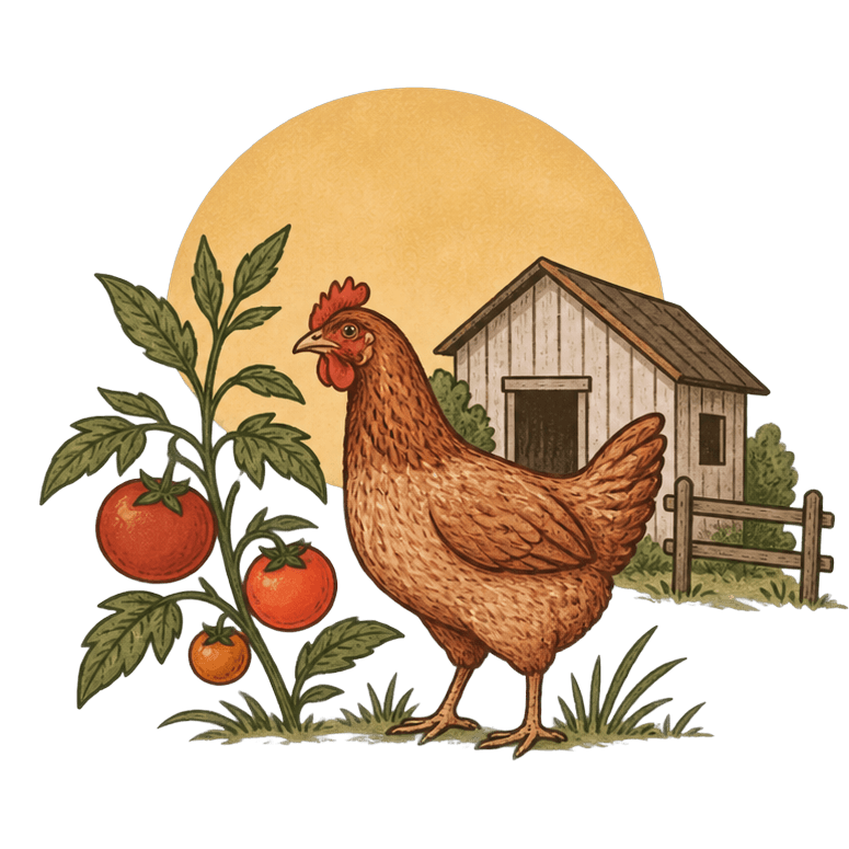 Entre Gallinas y Tomates — ilustración de una gallina junto a una planta de tomates y el gallinero